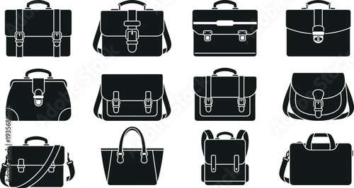 Business Bags and Briefcase Icons Set with Handbag Backpack and Messenger Bag Silhouettes Vector Collection for Office and Travel