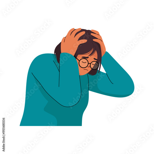 Frustrated woman grabbing head in panic