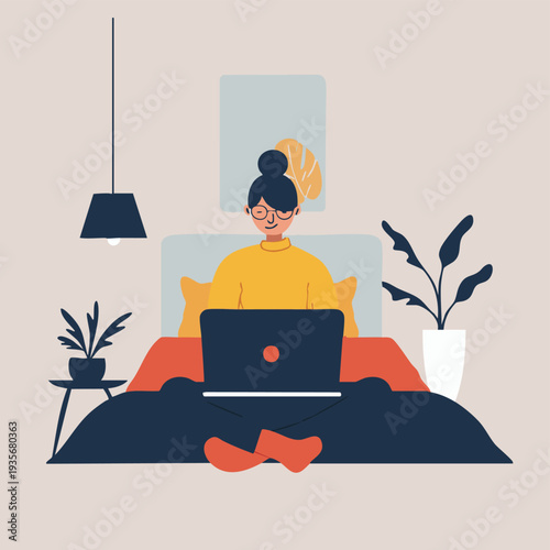 Woman using laptop at home workspace, remote work and modern lifestyle illustration