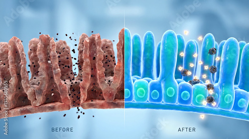 Intestinal villi structure before and after treatment, showcasing differences in health and cleanliness with visible particles and cellular details. 