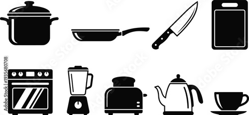 Kitchen Appliances and Cooking Utensils Icons Set with Pot Pan Knife Oven Blender Toaster Kettle Cup and Cutting Board