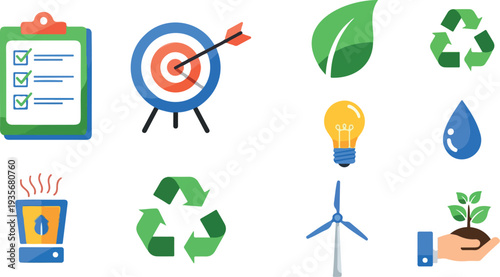 Set of 8 eco-friendly icons vector illustrations for sustainability and renewable energy
