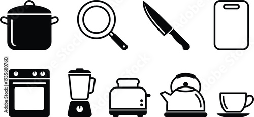 Kitchen Cooking Utensils and Appliances Icons Set with Pot Pan Knife Oven Blender Kettle Toaster and Cup Vector Collection