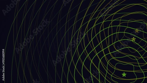 Abstract neon green swirling lines and stars on dark background.