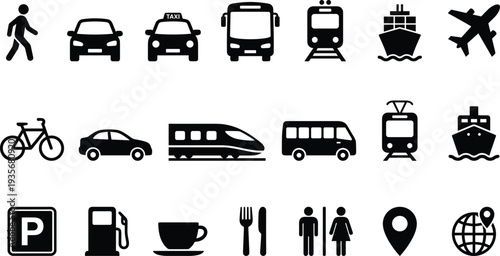 Transportation and Travel Icons Set with Car Taxi Bus Train Airplane Bicycle Ship Parking Fuel and Location Symbols