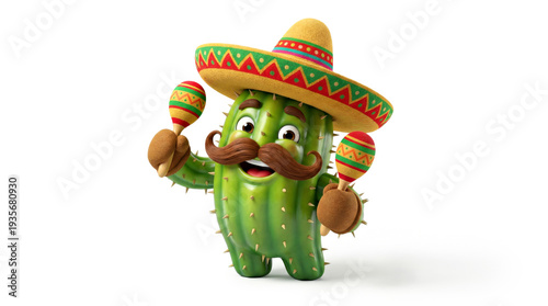 Funny 3D cactus in sombrero shaking maracas on white background, Cinco de Mayo fiesta character