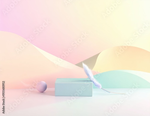 Soft Pastel Abstract Composition with Geometric Shapes and Feathers