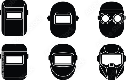 Welding Helmet and Protective Mask Icons Set with Industrial Safety Face Shields for Construction and Metalwork Vector Collection