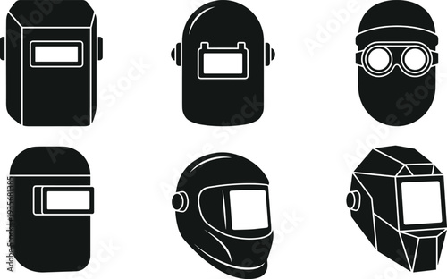 Welding Helmet and Safety Mask Icons Set with Protective Face Shields for Industrial Worker Safety Equipment Vector Collection