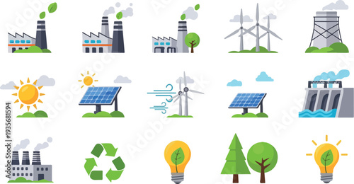 Set of 12 eco energy icons vector, green technology symbols for sustainable development