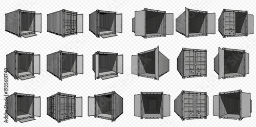 Set of 3D rendered shipping containers with open doors in various angles, isolated on a transparent background, depicting cargo and logistics.