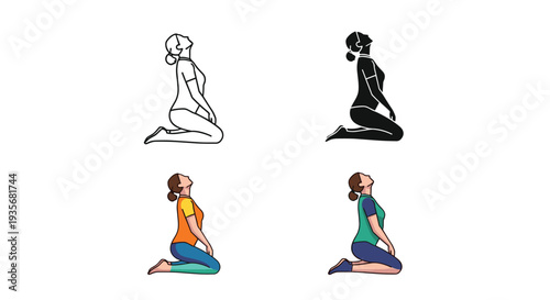 Woman Kneeling Pose Looking Up Diverse Styles