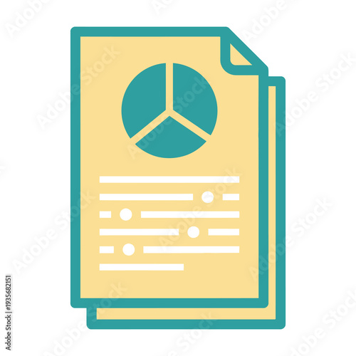 Stack of yellow documents with green pie chart symbol and text lines for report presentation