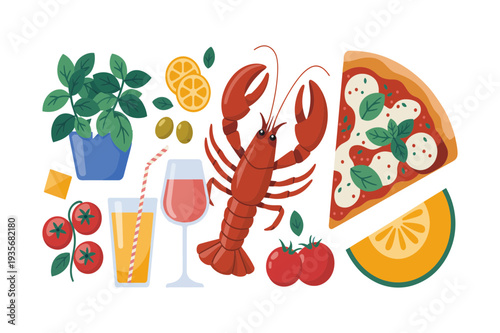 Mediterranean Seafood and Cuisine Food and Drink Color Icon Set. Lobster, Pizza, Wine, Tomato, Lemon, Olive, Basil and More. Vector Illustration