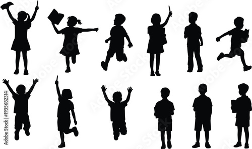 Happy children silhouettes set, kids playing jumping running with school items, childhood activity people collection isolated black vector illustration