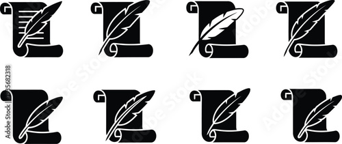 Alphabet letter icon set with quill pens vintage writing instruments educational symbols