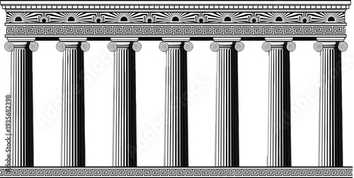 Ancient Greek temple facade with Ionic columns silhouette, classical architecture frieze detail, historic building design, vintage engraving style vector illustration isolated background