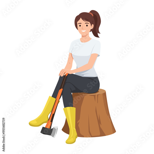 Female Lumberjack Sitting on Tree Stump Holding Axe. Flat vector illustration isolated on white background