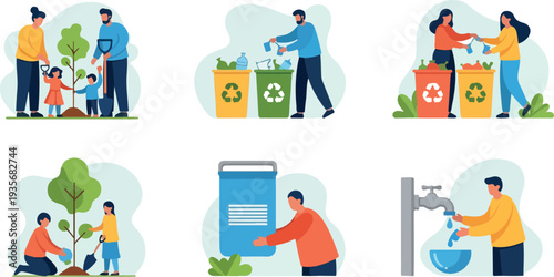 Set of 6 eco-friendly icons vector, people recycling and conserving water
