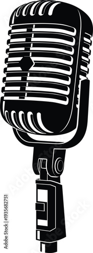 Vintage microphone illustration in black and white with cylindrical grille lines and rounded top mounted on stand for retro audio equipment vector design projects