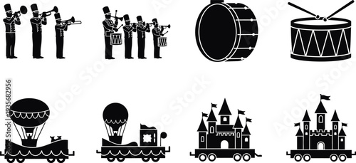 Icon set featuring music band drums hot air balloon train castle and locomotive silhouettes