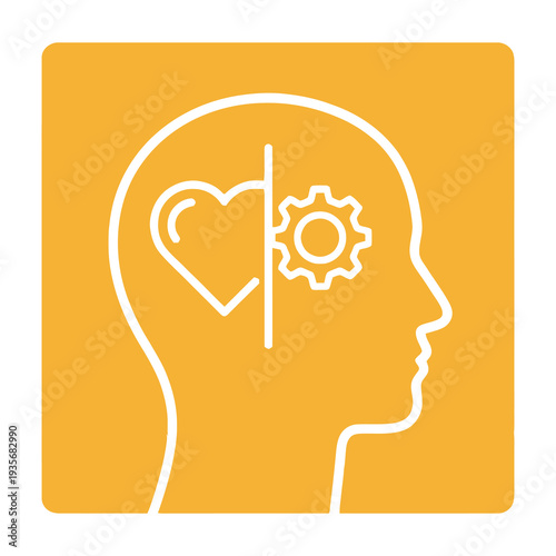 Human head silhouette with heart and gear symbols inside brain representing emotional intelligence and logical thinking against a vibrant yellow background