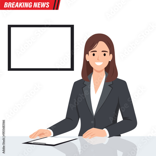 Professional Female News Anchor Breaking News in TV Studio. Flat vector illustration isolated on white background