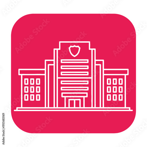 Modern hospital building icon with heart symbol and red background showcasing healthcare and medical services
