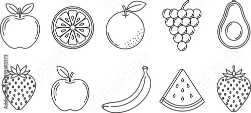 Cad drawing flat vector illustration of organic fruit icon set featuring apple orange grape banana strawberry and watermelon for healthy food