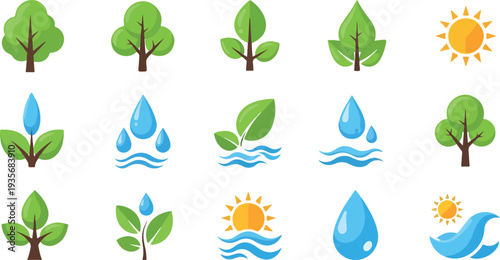 Set of 12 eco-friendly icons vector, green energy symbols
