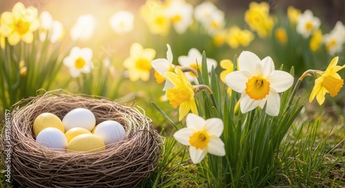 Springtime serenity a bird's nest amidst blooming daffodils