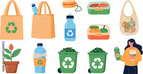 Set of 12 eco-friendly icons vector, recycling symbols, green lifestyle illustrations