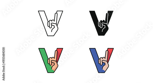 Victory Hand Sign V Letter Icon Set Commercial Use