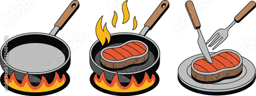 A steak cooking process in a frying pan illustration set