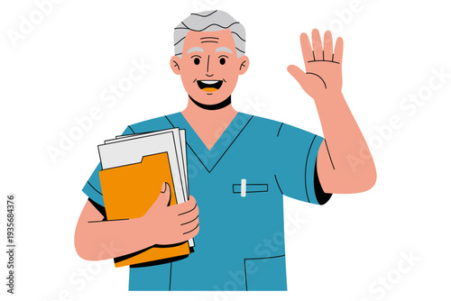 A smiling doctor in blue scrubs waving and holding medical files