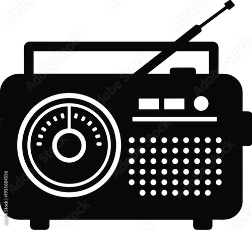 Minimal vector silhouette, vintage pocket radio with antenna and tuning dial, solid black, isolated on white.