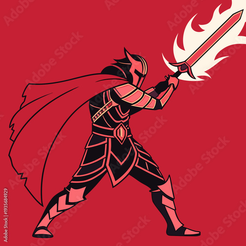 A cartoon warrior in black and red armor wields a flaming sword with a cape flowing behind him in a dynamic pose on a red background with flames.