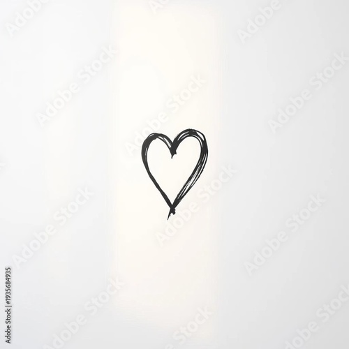 Single black line-drawn heart emblem, a delicate brushstroke of love on a white canvas, conveying heartfelt emotion with soft illumination and a tilted perspective,  love symbol,  emotional expression