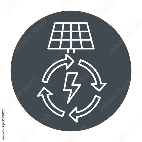 Minimalist illustration showcasing renewable energy transformation with solar panel converting sunlight into electricity through a circular flow of lightning bolts symbolizing sustainable power
