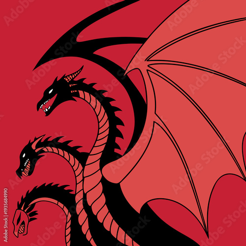 A striking black and red illustration of a multi-headed dragon with wings spread wide in a bold graphic style against a vibrant red background with mythological creatures