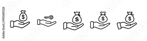 Hand holding money bag and key icon set featuring outline of palm with dollar sack for financial loan investment real estate and more vector illustration or editable stroke