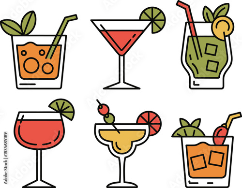 Cocktail vector icons set with colorful drinks and garnishes