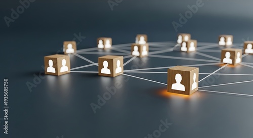 Connected people network with glowing connections and wooden blocks