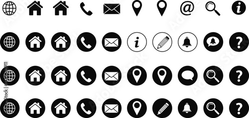 Collection of user interface icons including globe, home, phone, email, location, search, notifications and profile symbols for web and app design vector projects