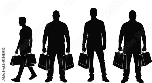 Black silhouettes of men carrying shopping bags, male shoppers standing and walking, retail consumerism icons on isolated white background elements