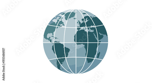 Graphic illustration of earth globe with continents and grid lines on white