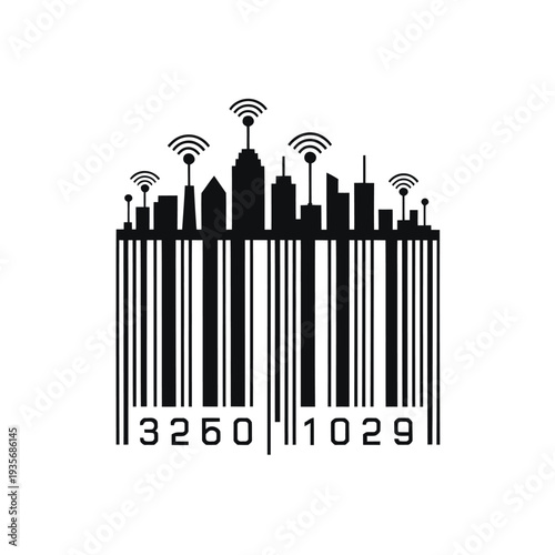 City skyline integrated with a barcode and wireless signal icons