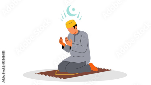 Man kneeling in prayer on a prayer mat with a serene expression.