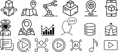 Collection of various technology and data icons in line art style