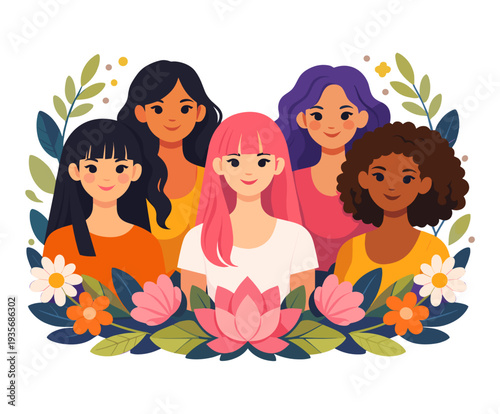 Diverse women portrait flat illustration for International Women’s Day with floral decorative composition